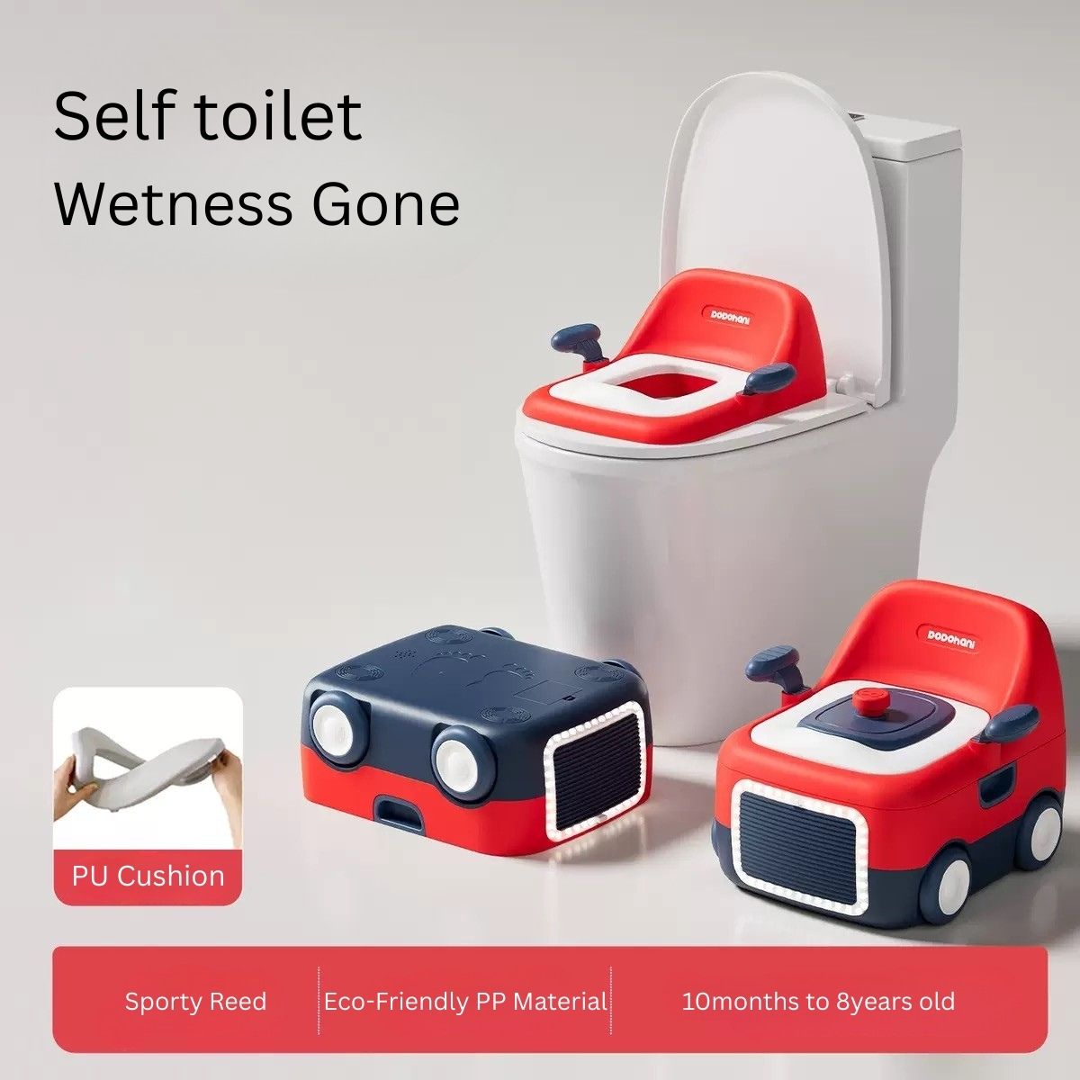 Baby Potty Trainer with PU Cushion | Car-Shaped | Soft & High-Rebound Seat | Safe Lid Design | Eco-Friendly PP | 10 Months – 8 Years