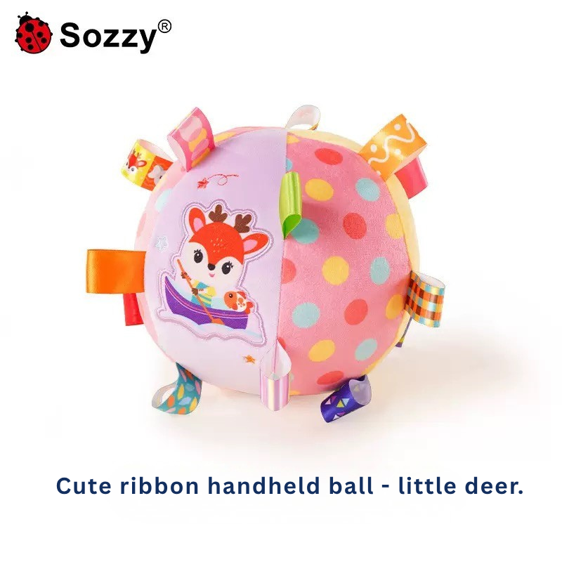 Baby Ribbon Grasping Ball Rattle Toy | Soft Plush Hand Grab Ball with Bell | Sensory & Crawling Training Toy 0M+ (Fox/Elephant/Zebra/Deer/Bear) thumbnail