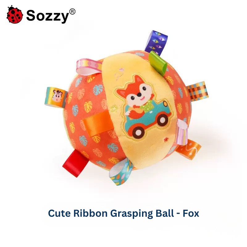 Baby Ribbon Grasping Ball Rattle Toy | Soft Plush Hand Grab Ball with Bell | Sensory & Crawling Training Toy 0M+ (Fox/Elephant/Zebra/Deer/Bear) thumbnail
