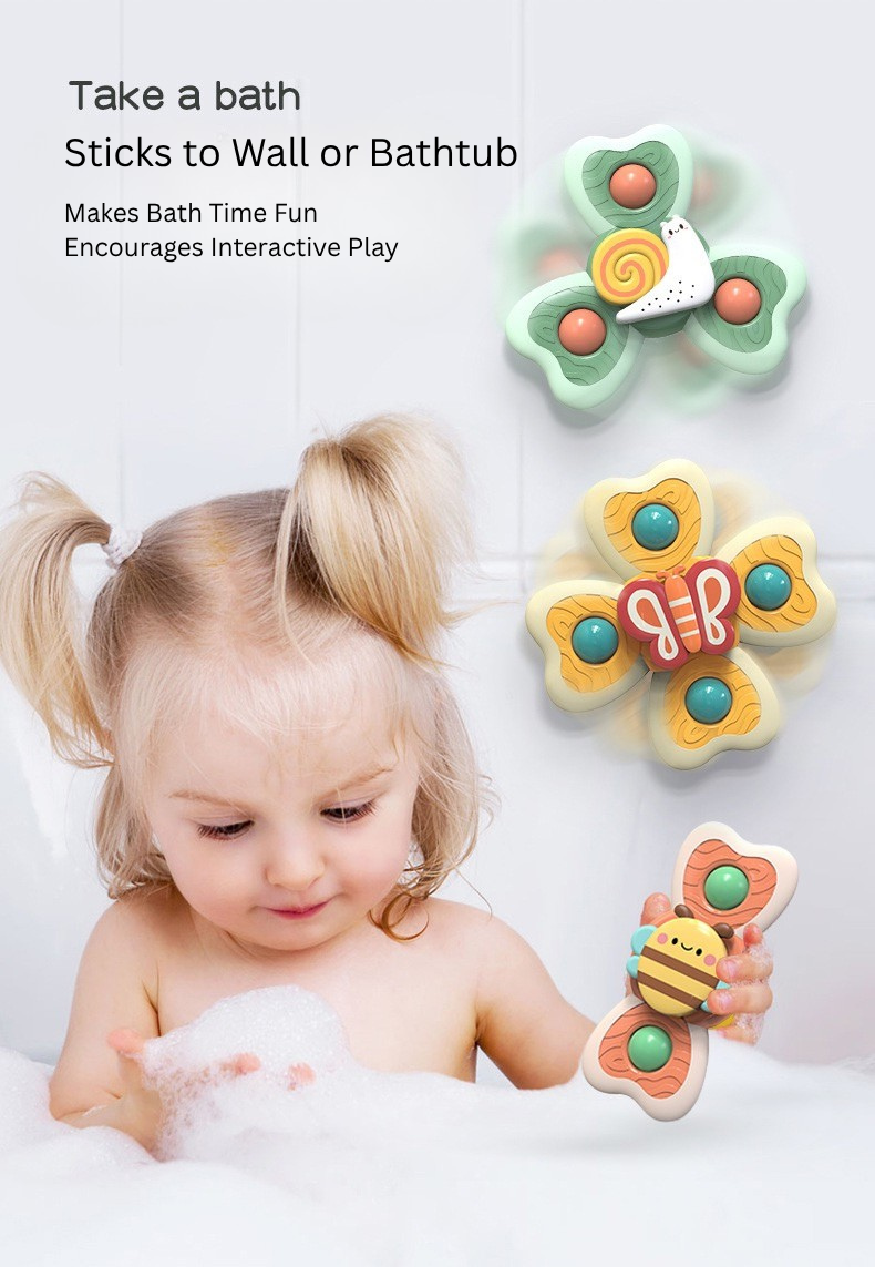Baby Suction Spinner Toy Set (3PCS) Bee Butterfly Snail | Sensory Fidget Spinners for Kids | Bath & High Chair Toy with Rattle Sound (BPA Free) thumbnail