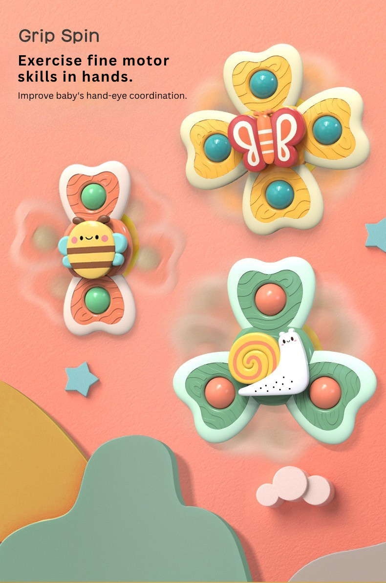 Baby Suction Spinner Toy Set (3PCS) Bee Butterfly Snail | Sensory Fidget Spinners for Kids | Bath & High Chair Toy with Rattle Sound (BPA Free)