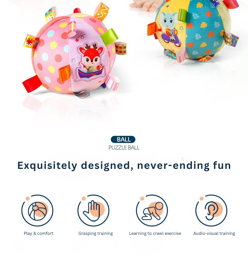 Baby Ribbon Grasping Ball Rattle Toy | Soft Plush Hand Grab Ball with Bell | Sensory & Crawling Training Toy 0M+ (Fox/Elephant/Zebra/Deer/Bear) thumbnail