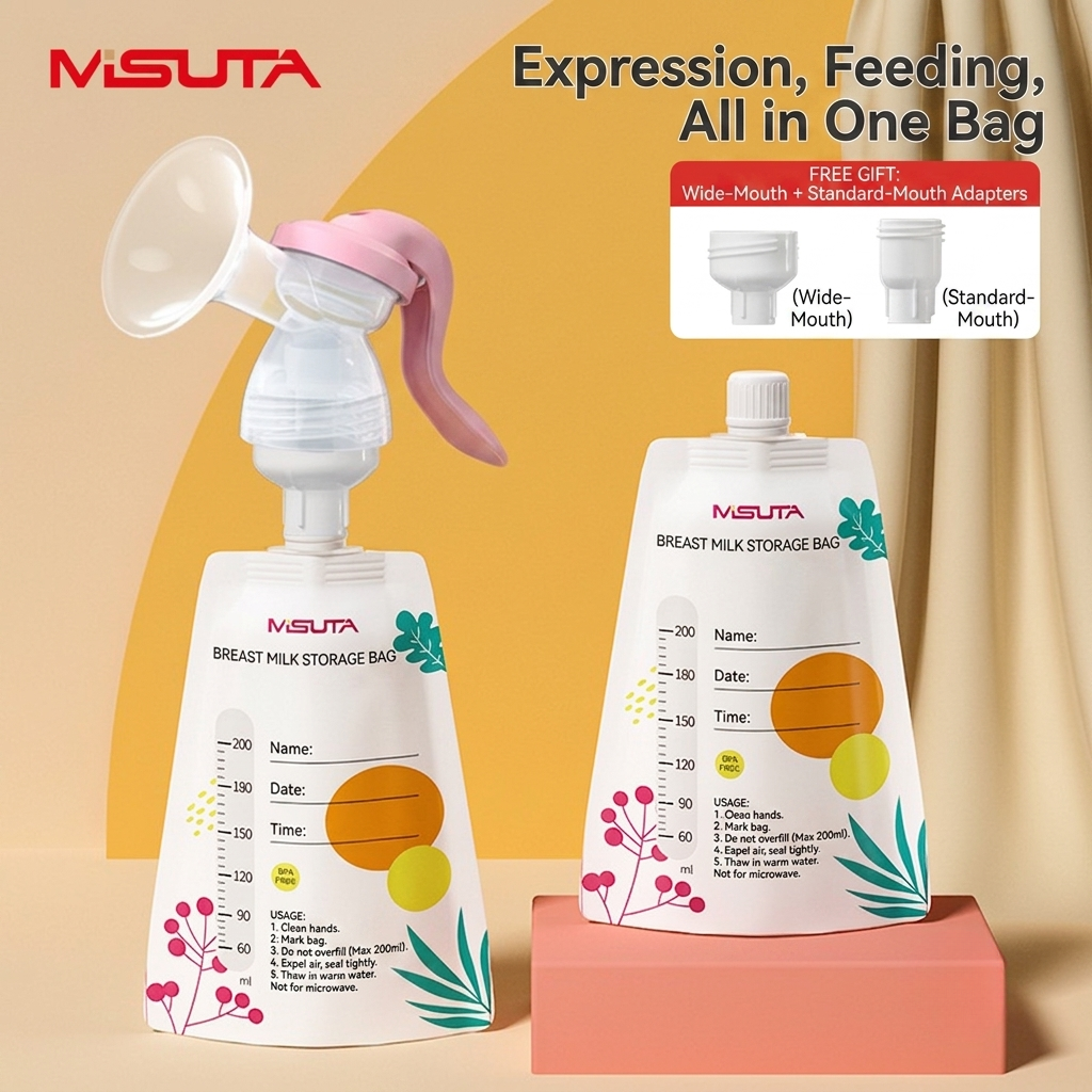 MISUTA Breast Milk Storage Bags with Wide & Standard Neck Adapters | Direct Pump, Store, Warm & Feed System | Leak-Proof Double Seal Breastmilk Storage Pouches thumbnail