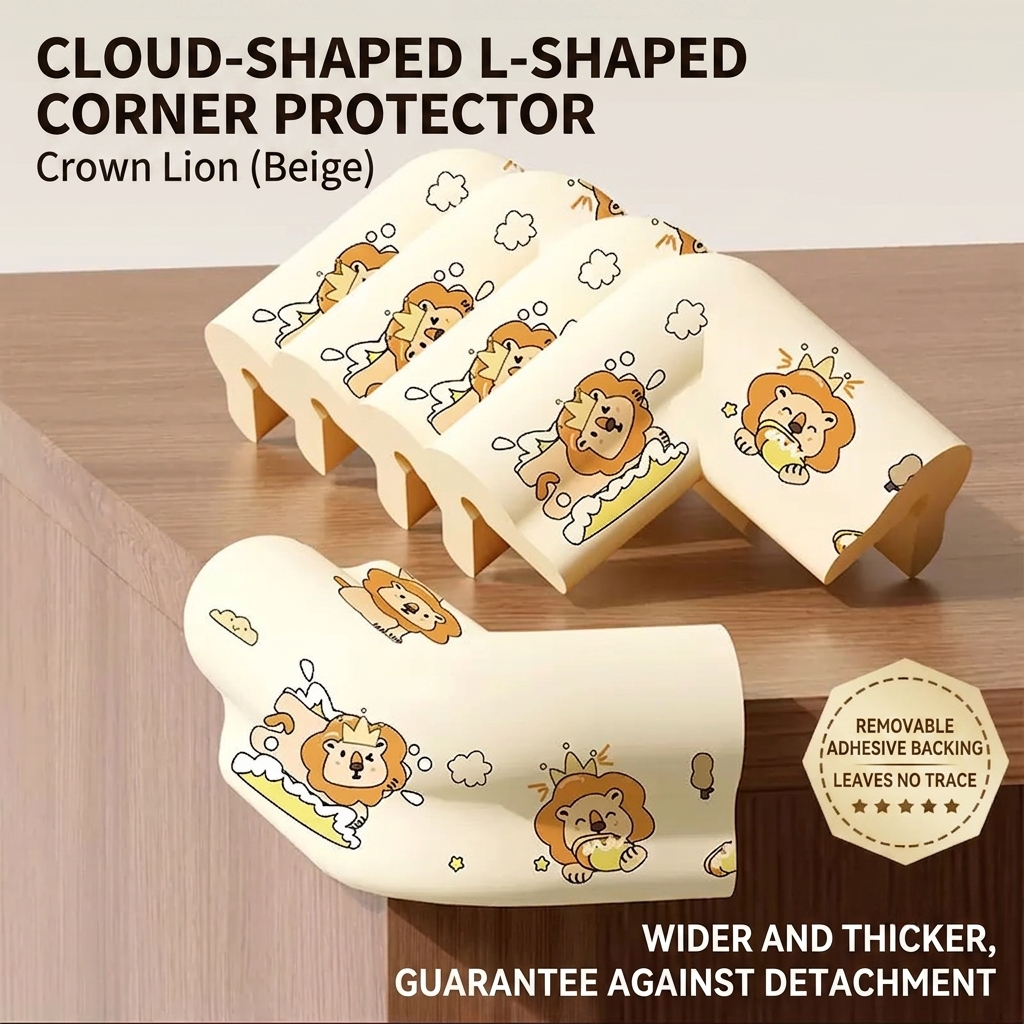 Baby Corner Protector L-Shaped Cloud Design | Thickened Anti-Collision Corner Guard with Strong Adhesive | Furniture Safety Protector for Kids (Crown Lion Beige)