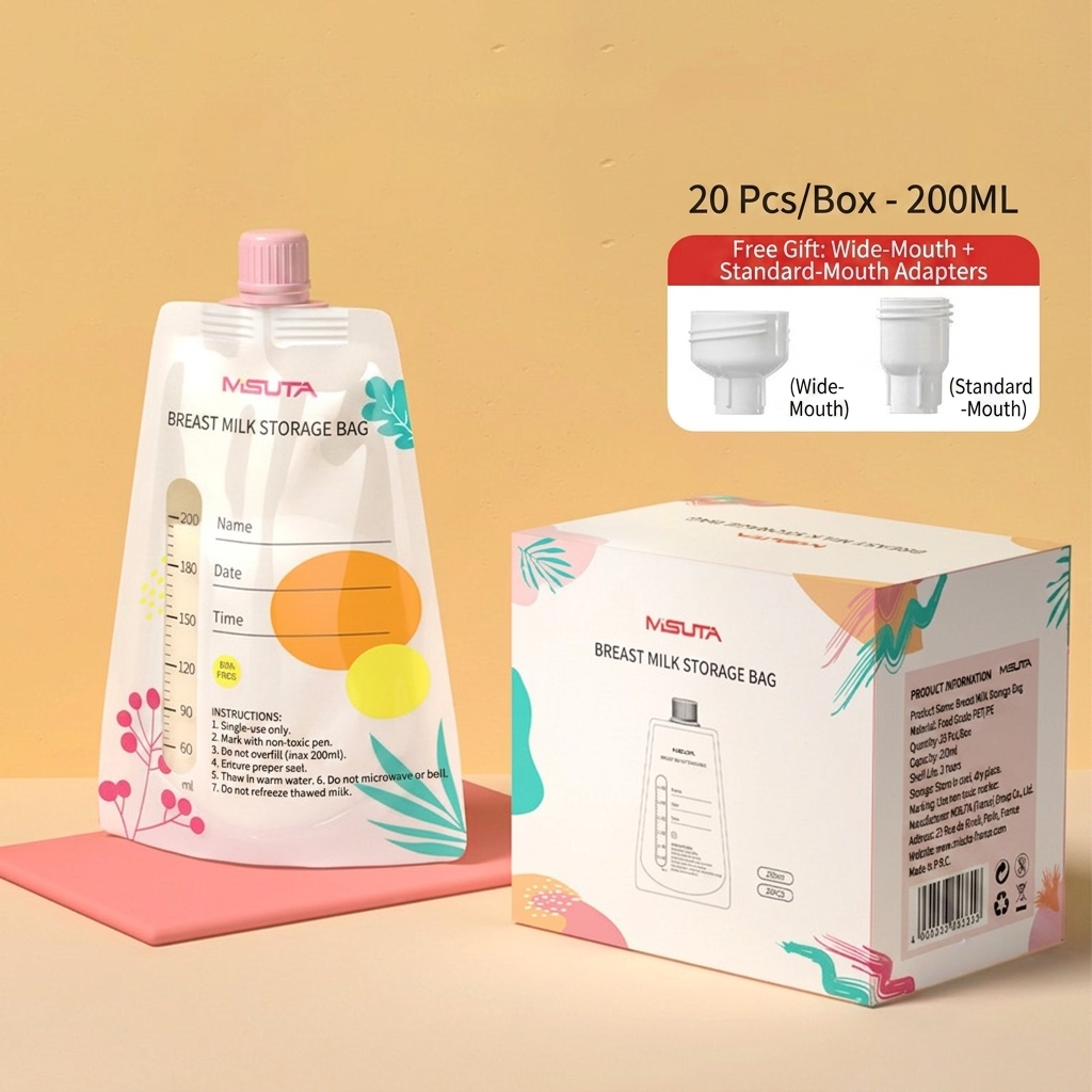 MISUTA Breast Milk Storage Bags with Wide & Standard Neck Adapters | Direct Pump, Store, Warm & Feed System | Leak-Proof Double Seal Breastmilk Storage Pouches