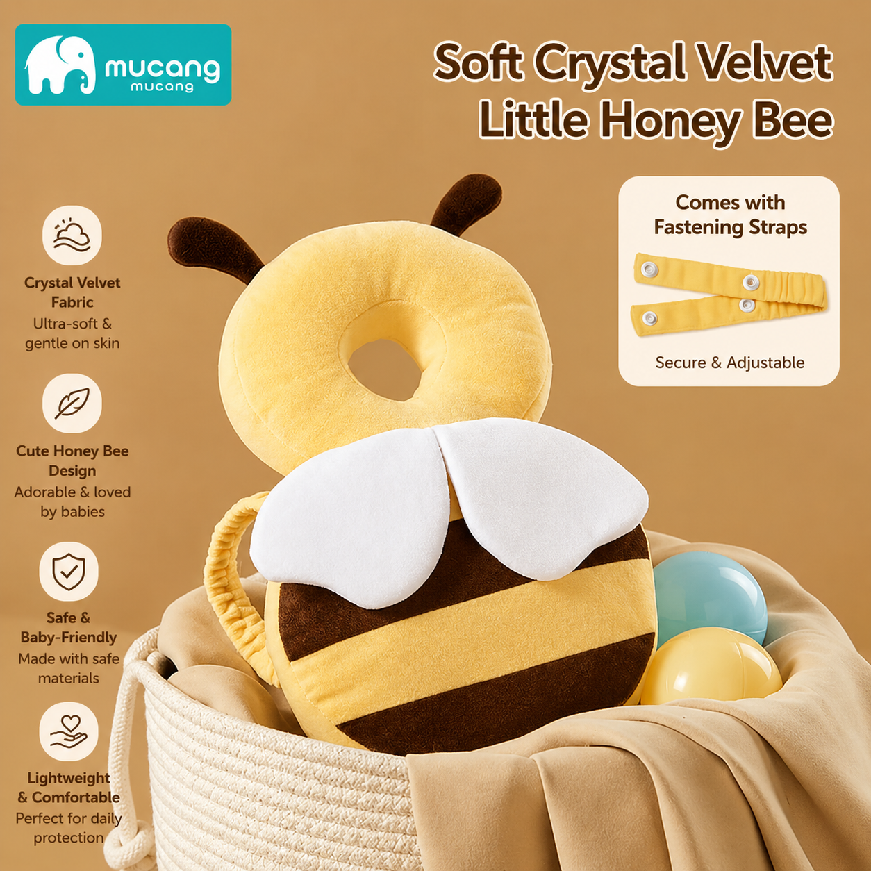Mucang Baby Head Protector Backpack | Soft Crystal Velvet Honey Bee Anti-Fall Cushion | Baby Head & Back Protection Pad with Adjustable Strap