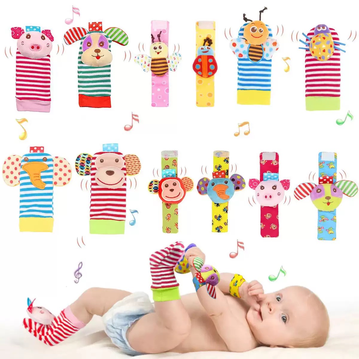 Baby Wrist Rattle & Foot Finder Socks Set (4PCS) | Soft Plush Wearable Rattles for Hands & Feet | Sensory Development Toy for Newborn Infant Boy Girl thumbnail