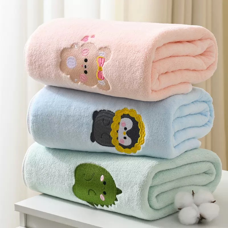 Baby Embroidered Bath Towel | Soft Coral Fleece Absorbent Towel for Newborns & Infants | Cute Cartoon Embroidery Design
