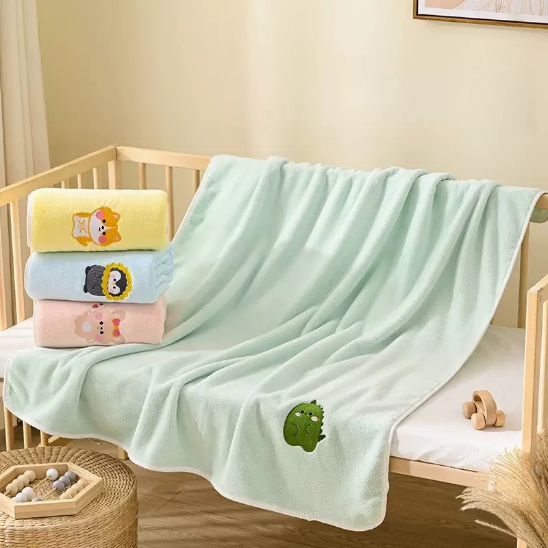 Baby Embroidered Bath Towel | Soft Coral Fleece Absorbent Towel for Newborns & Infants | Cute Cartoon Embroidery Design thumbnail