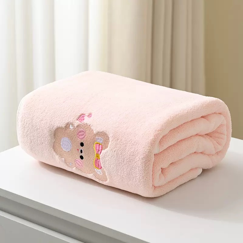 Baby Embroidered Bath Towel | Soft Coral Fleece Absorbent Towel for Newborns & Infants | Cute Cartoon Embroidery Design thumbnail
