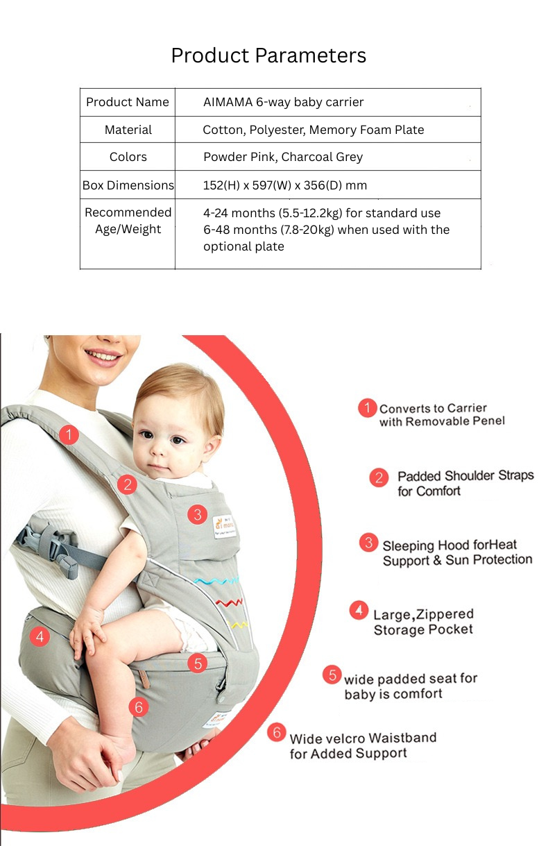 Baby Carrier with Hip Seat 6-Way | AIMAMA | Ergonomic Waist Stool Carrier | Adjustable Infant & Toddler Carrier | 4–48 Months thumbnail