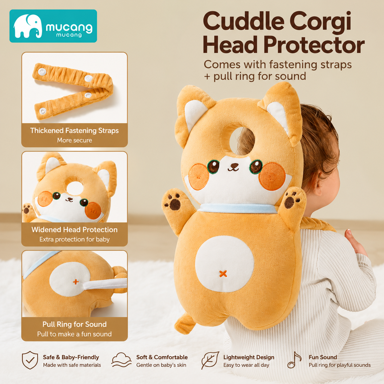 Mucang Baby Head Protector Backpack | Cuddle Corgi Anti-Fall Cushion with Sound Pull Ring | Soft Head & Back Protection Pad for Crawling & Walking Babies