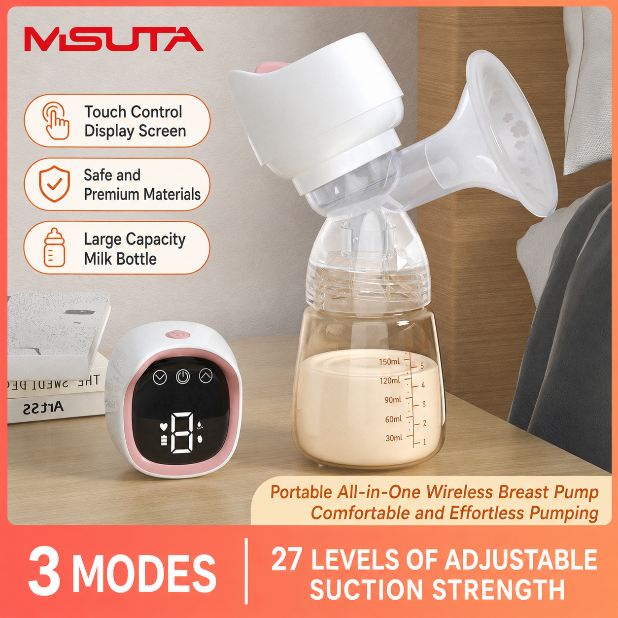 MISUTA Wearable Electric Breast Pump | USB Rechargeable Wireless Breast Pump | 180ml PPSU Milk Collector with Digital Display & 27 Adjustable Levels thumbnail