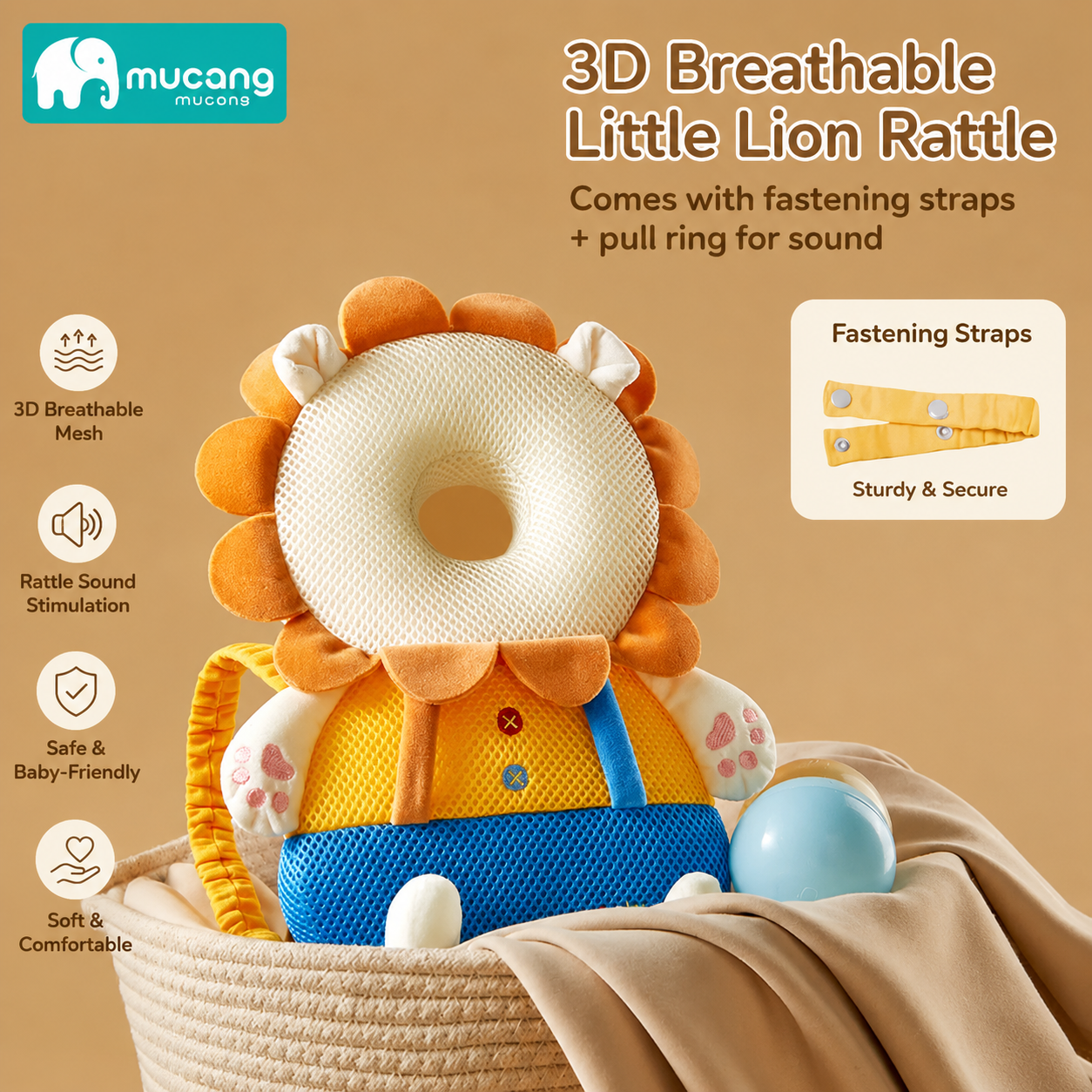 Mucang Baby Head Protector Backpack | 3D Breathable Little Lion Anti-Fall Cushion | Baby Head Protection Pad for Crawling & Walking with Safety Strap