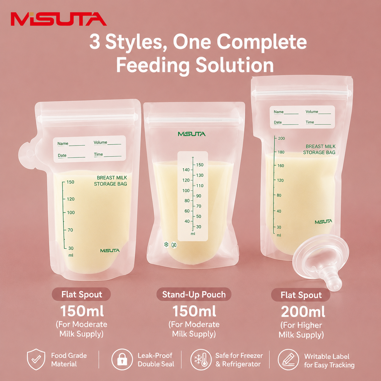 MISUTA Breast Milk Storage Bags | 150ml & 200ml Pre-Sterilized Milk Storage Pouches | Leak-Proof Double Seal Freezer Safe Breastmilk Bags thumbnail