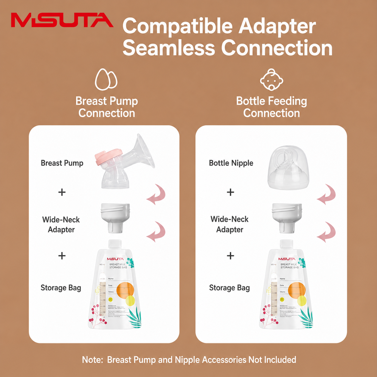 MISUTA Breast Milk Storage Bags with Wide & Standard Neck Adapters | Direct Pump, Store, Warm & Feed System | Leak-Proof Double Seal Breastmilk Storage Pouches thumbnail