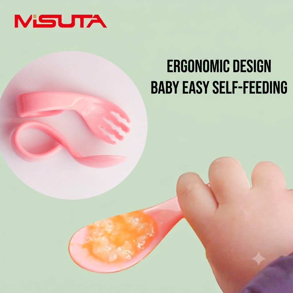MISUTA Baby Spoon & Fork Set | Ergonomic Self-Feeding Training Utensils | Food-Grade Heat Resistant Baby Cutlery thumbnail