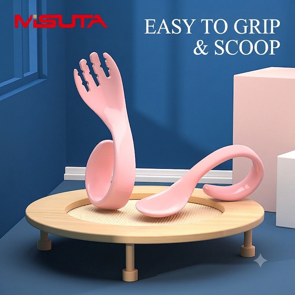 MISUTA Baby Spoon & Fork Set | Ergonomic Self-Feeding Training Utensils | Food-Grade Heat Resistant Baby Cutlery
