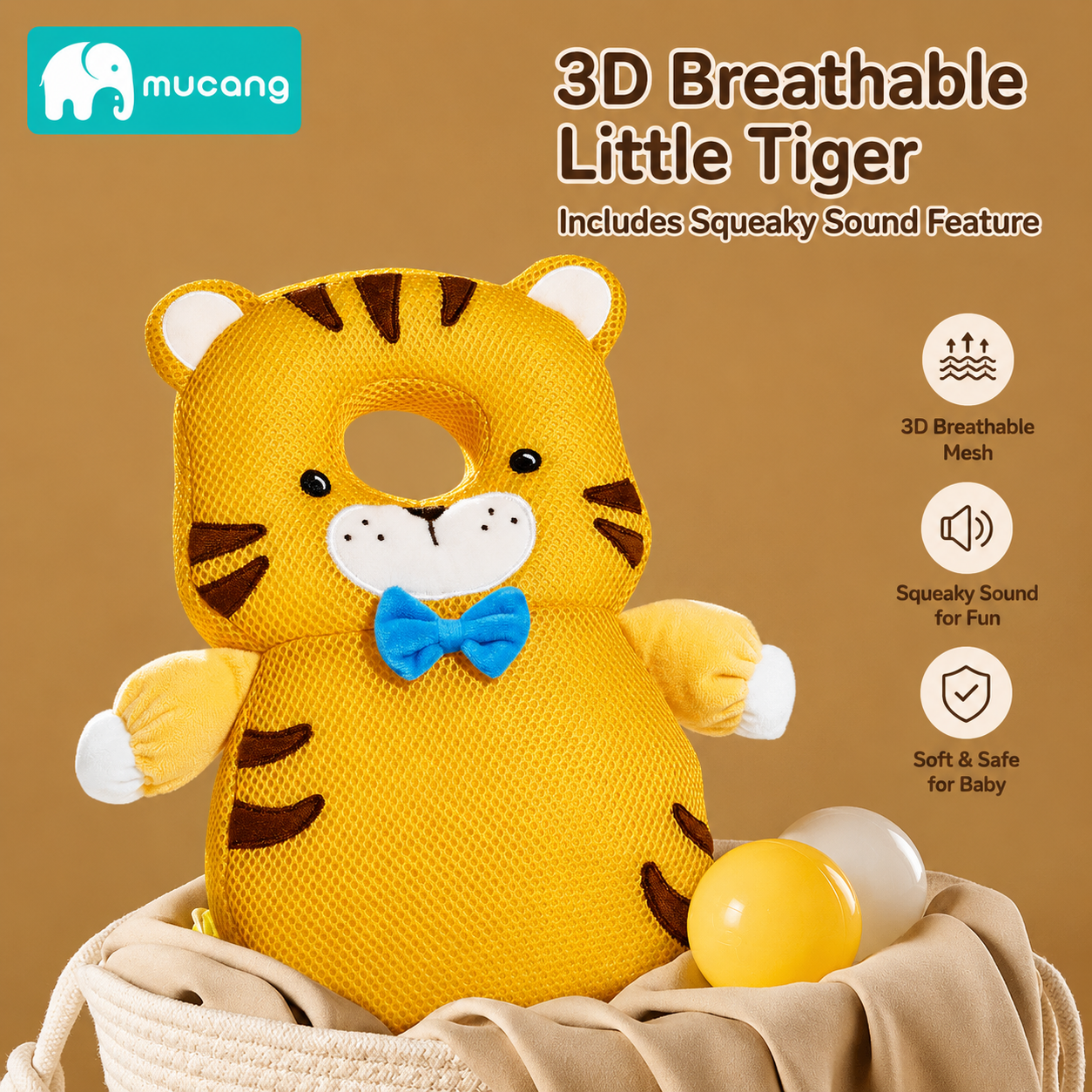 Mucang 3D Breathable Tiger Baby Head Protector Backpack | Anti-Fall Head & Back Cushion with Squeaky Sound | Safety Pad for Crawling & Walking Babies
