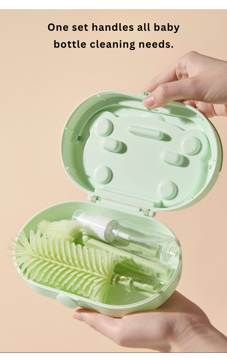 Baby Bottle Cleaning Brush Set with drying rack | 6 in 1 | Silicone Bottle & Nipple Brush Kit | Portable Travel Cleaning Kit with Soap Dispenser | BPA Free thumbnail