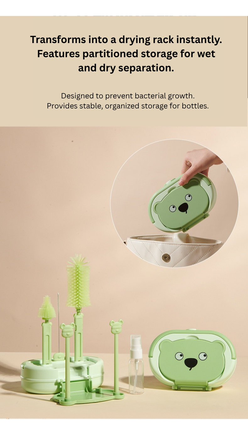 Baby Bottle Cleaning Brush Set with drying rack | 6 in 1 | Silicone Bottle & Nipple Brush Kit | Portable Travel Cleaning Kit with Soap Dispenser | BPA Free thumbnail