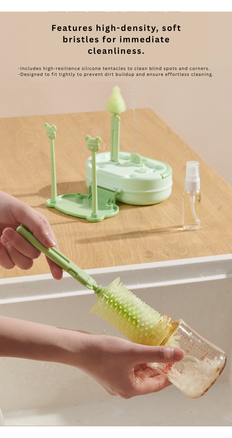 Baby Bottle Cleaning Brush Set with drying rack | 6 in 1 | Silicone Bottle & Nipple Brush Kit | Portable Travel Cleaning Kit with Soap Dispenser | BPA Free thumbnail