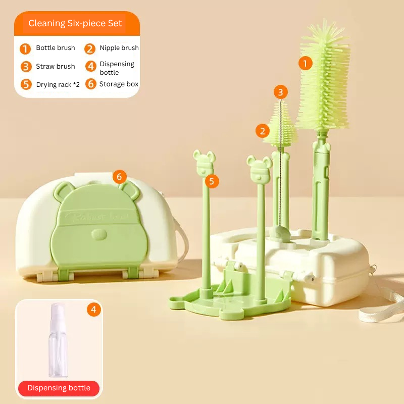 Baby Bottle Cleaning Brush Set with drying rack | 6 in 1 | Silicone Bottle & Nipple Brush Kit | Portable Travel Cleaning Kit with Soap Dispenser | BPA Free