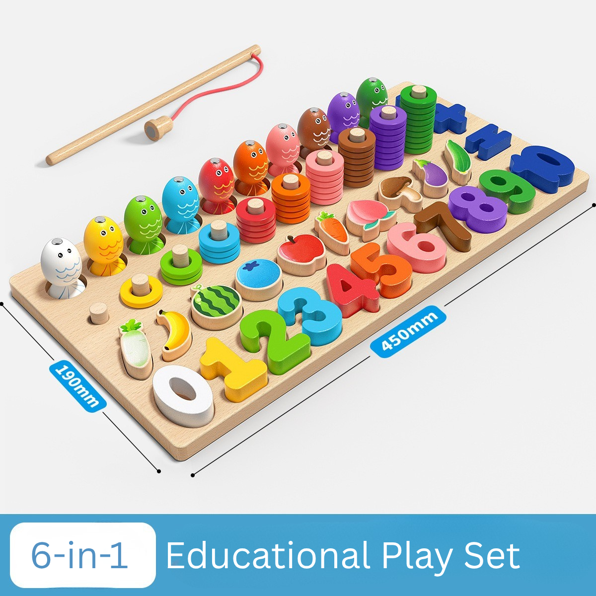 6-in-1 Wooden Educational Learning Toy | Montessori Counting, Fishing, Number, Shape & Color Sorting Game | Fine Motor Skills Activity Board for Kids 3+