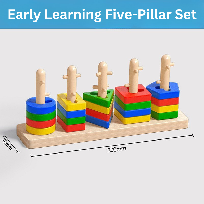 Montessori Five-Pillar Stacking Toy | Wooden Color Sorting & Counting Learning Board | Fine Motor Skills Educational Puzzle Toy for Toddlers & Kids
