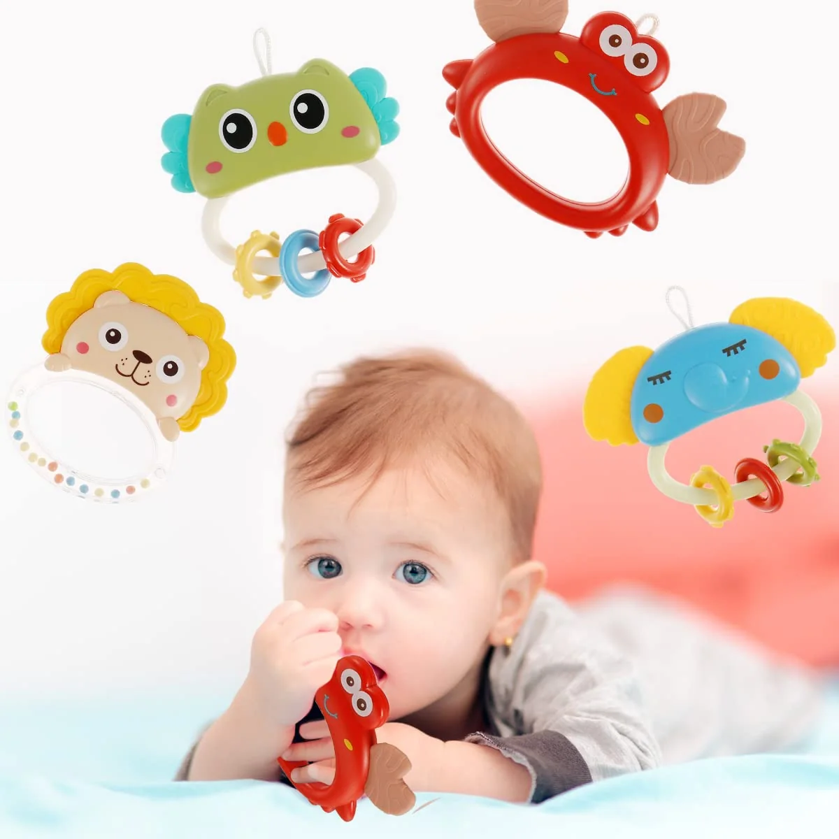 4PCS Baby Rattle Set | Crab, Owl, Lion & Elephant Animal Rattles | Colorful Handheld Sensory Toys for Newborns & Infants thumbnail