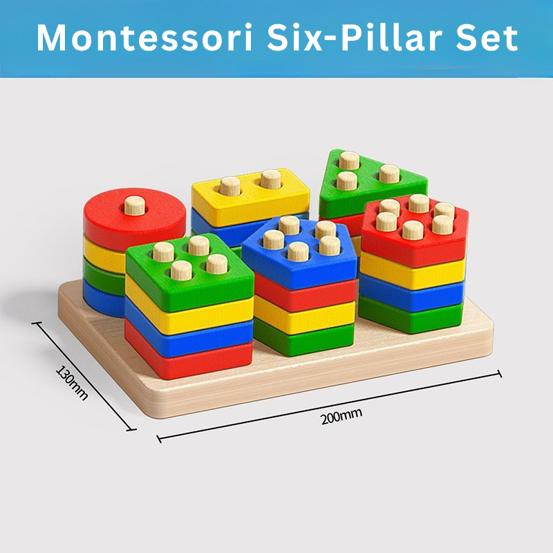 Montessori Six-Pillar Sorting & Stacking Toy | Wooden Geometric Shape Puzzle Learning Set | Color Matching & Fine Motor Skills Educational Toy for Kids