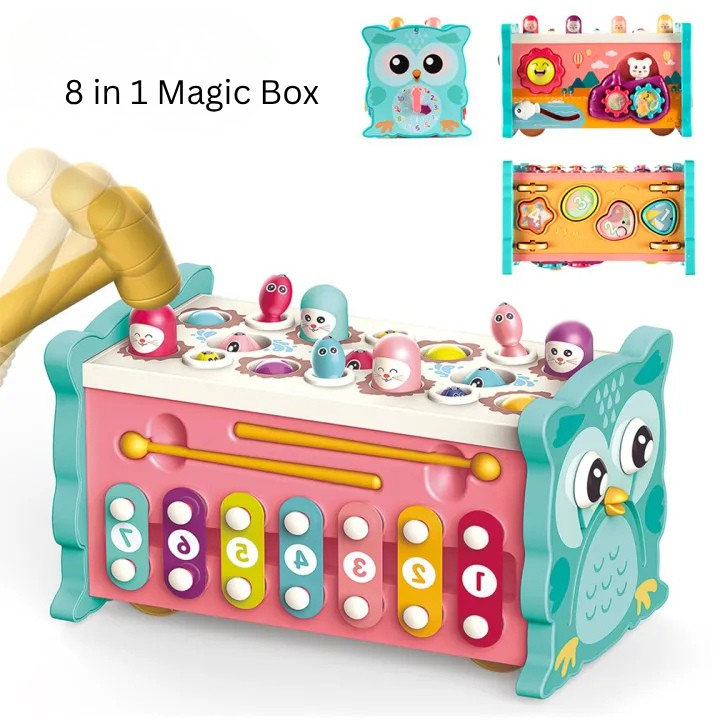 8-in-1 Magic Box Educational Toy | Hammering, Magnetic Fishing, Xylophone, Moving Gears & Learning Clock | Montessori Activity Toy for Kids thumbnail