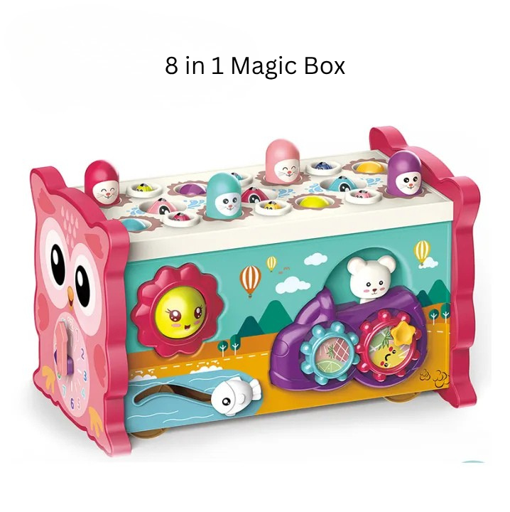 8-in-1 Magic Box Educational Toy | Hammering, Magnetic Fishing, Xylophone, Moving Gears & Learning Clock | Montessori Activity Toy for Kids thumbnail