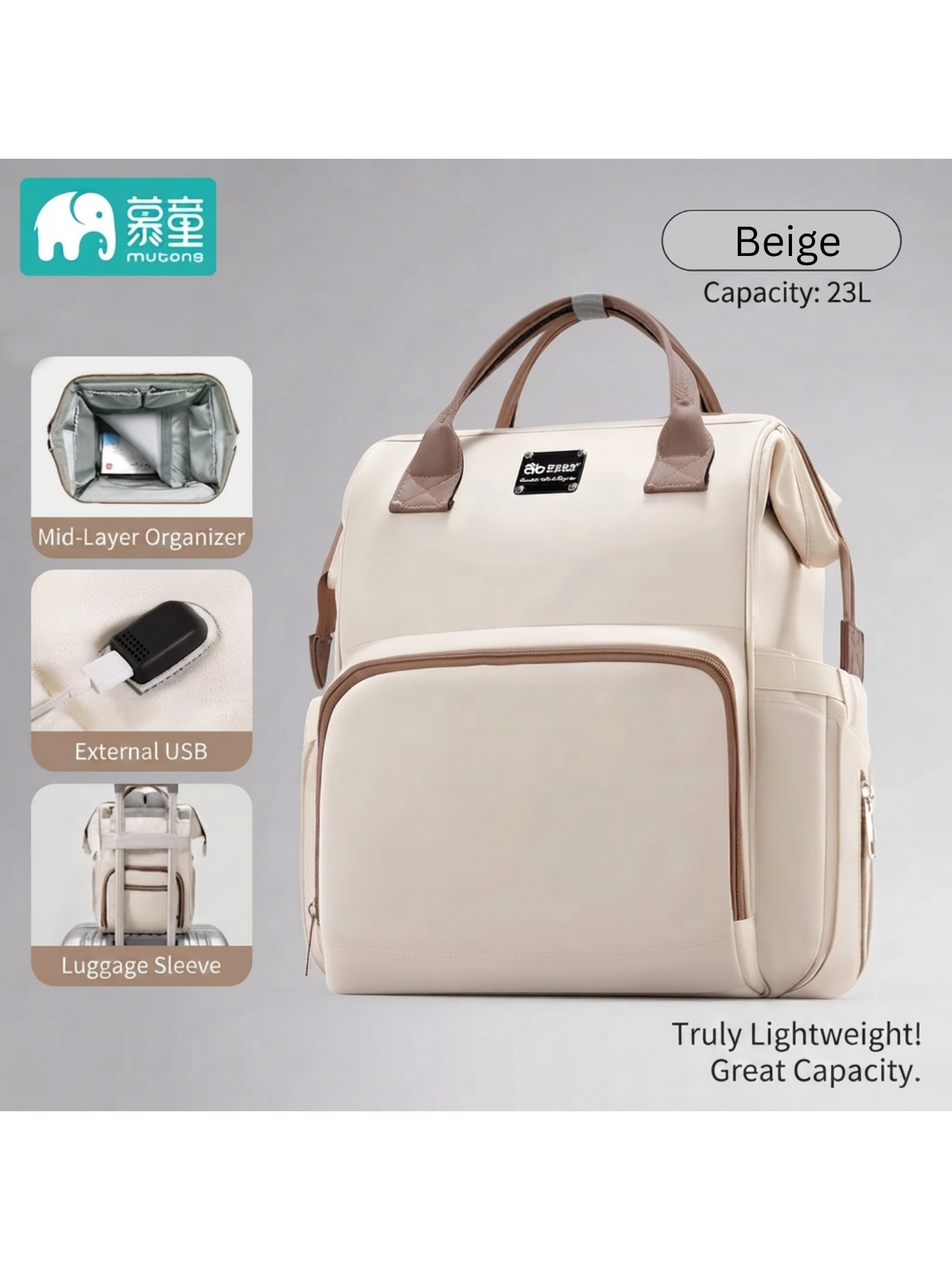 Large Capacity Mommy Bag | Lightweight Multifunctional Diaper Bag | Water & Stain Resistant Baby Organizer | Insulated Bottle Pocket & Wet Dry Separation | Beige thumbnail