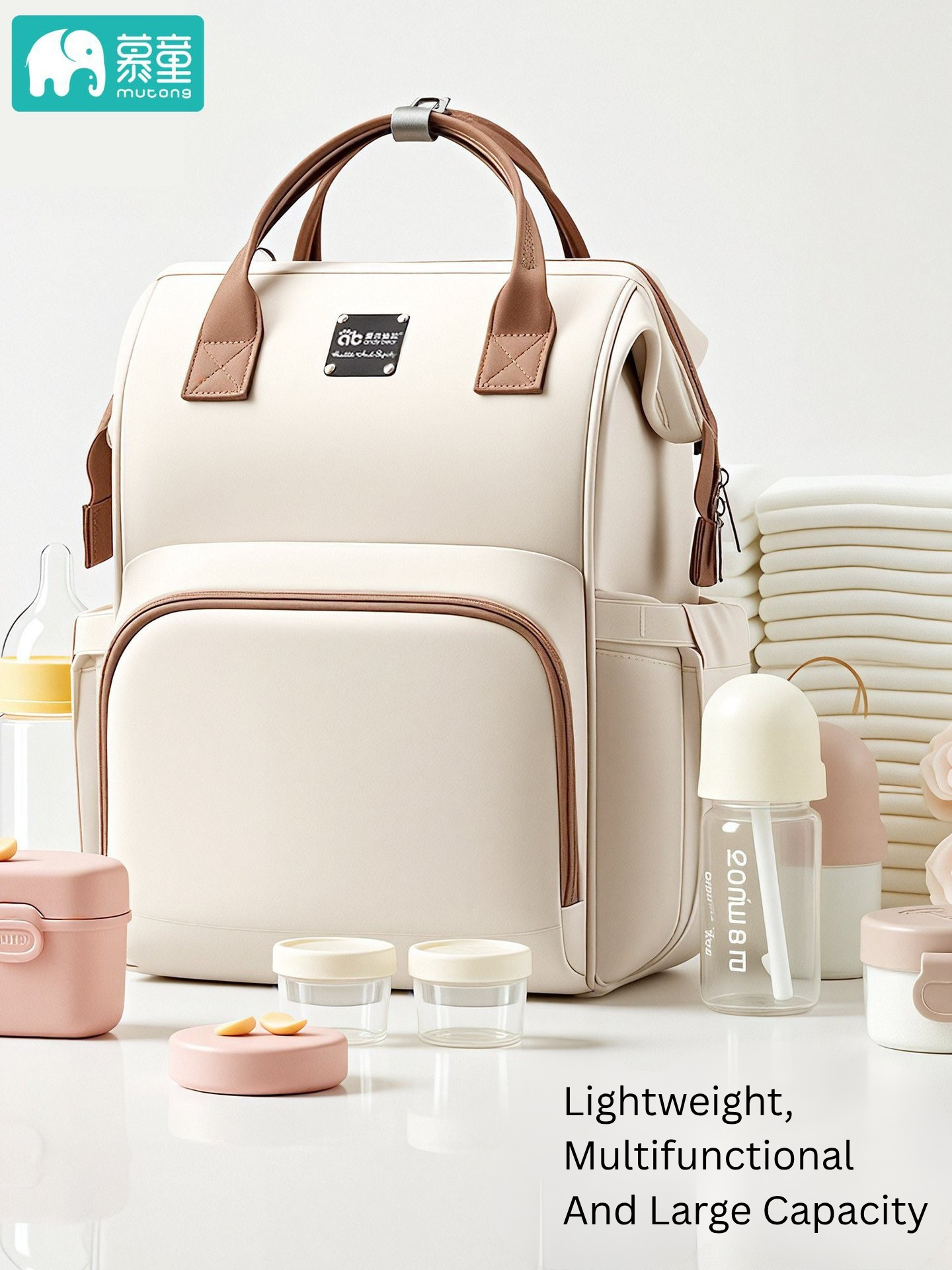 Large Capacity Mommy Bag | Lightweight Multifunctional Diaper Bag | Water & Stain Resistant Baby Organizer | Insulated Bottle Pocket & Wet Dry Separation | Beige