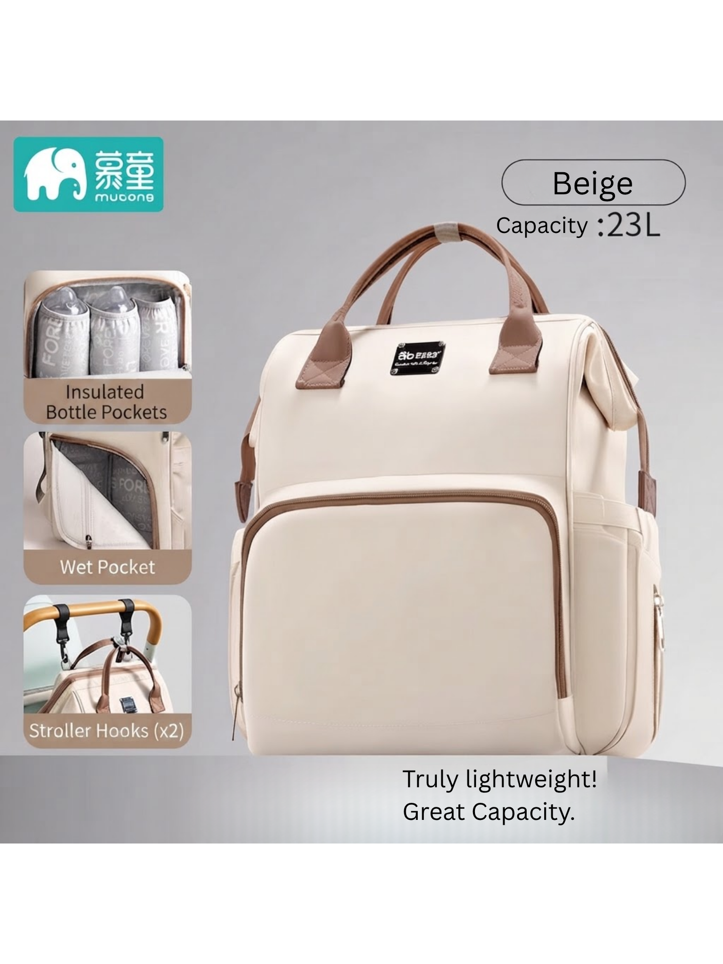 Large Capacity Mommy Bag | Lightweight Multifunctional Diaper Bag | Water & Stain Resistant Baby Organizer | Insulated Bottle Pocket & Wet Dry Separation | Beige thumbnail