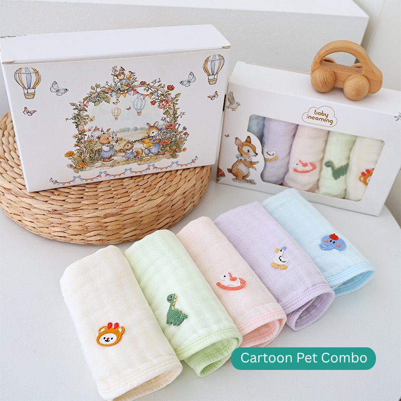 6-Layer Bamboo Cotton Baby Hanky Set (5PCS) | Soft & Absorbent Baby Washcloths | Reusable Baby Face Towels | Fruit & Pet Designs thumbnail