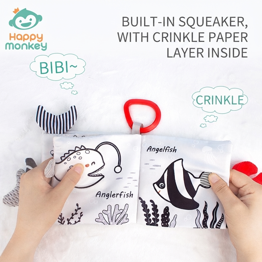 Happy Monkey Black & White Soft Baby Book | High Contrast Vision Cloth Book for Newborns | Sensory Crinkle Early Learning Book thumbnail