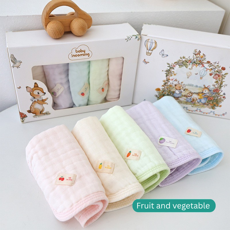 6-Layer Bamboo Cotton Baby Hanky Set (5PCS) | Soft & Absorbent Baby Washcloths | Reusable Baby Face Towels | Fruit & Pet Designs thumbnail