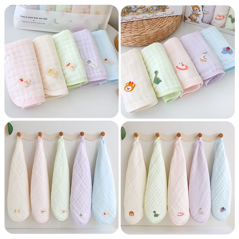 6-Layer Bamboo Cotton Baby Hanky Set (5PCS) | Soft & Absorbent Baby Washcloths | Reusable Baby Face Towels | Fruit & Pet Designs thumbnail