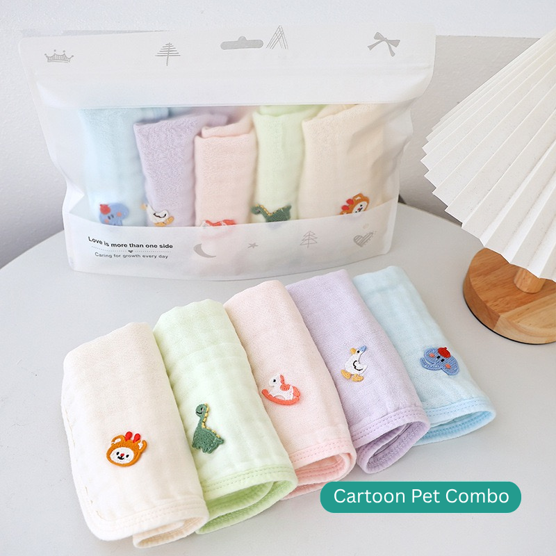 6-Layer Bamboo Cotton Baby Hanky Set (5PCS) | Soft & Absorbent Baby Washcloths | Reusable Baby Face Towels | Fruit & Pet Designs thumbnail