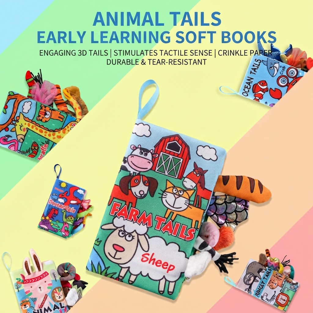 Colorful Animal Tails Baby Cloth Book | Soft Sensory Touch & Feel Book for Babies & Toddlers | Early Learning Crinkle Activity Book