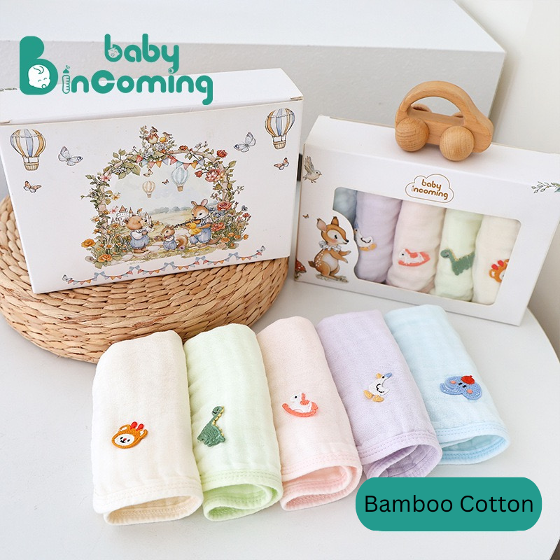 6-Layer Bamboo Cotton Baby Hanky Set (5PCS) | Soft & Absorbent Baby Washcloths | Reusable Baby Face Towels | Fruit & Pet Designs
