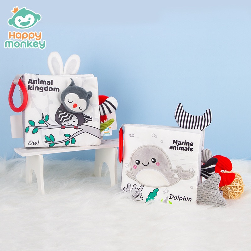 Happy Monkey Black & White Soft Baby Book | High Contrast Vision Cloth Book for Newborns | Sensory Crinkle Early Learning Book