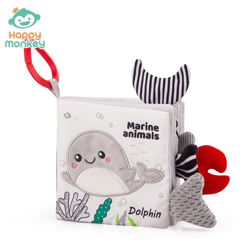 Happy Monkey Black & White Soft Baby Book | High Contrast Vision Cloth Book for Newborns | Sensory Crinkle Early Learning Book thumbnail