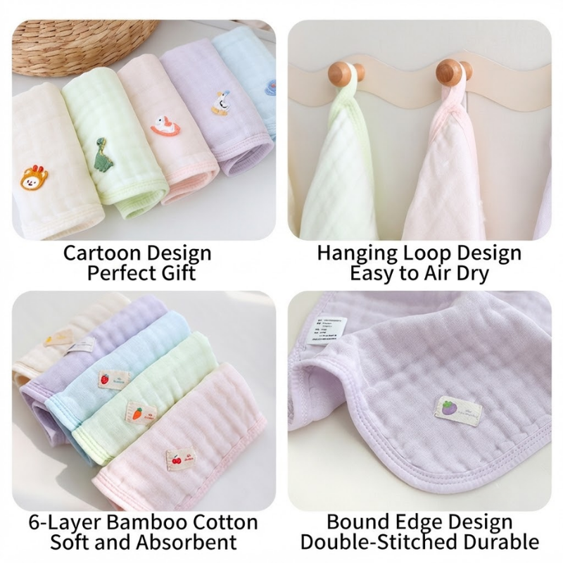 6-Layer Bamboo Cotton Baby Hanky Set (5PCS) | Soft & Absorbent Baby Washcloths | Reusable Baby Face Towels | Fruit & Pet Designs thumbnail