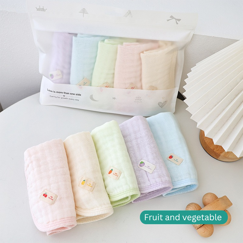 6-Layer Bamboo Cotton Baby Hanky Set (5PCS) | Soft & Absorbent Baby Washcloths | Reusable Baby Face Towels | Fruit & Pet Designs thumbnail