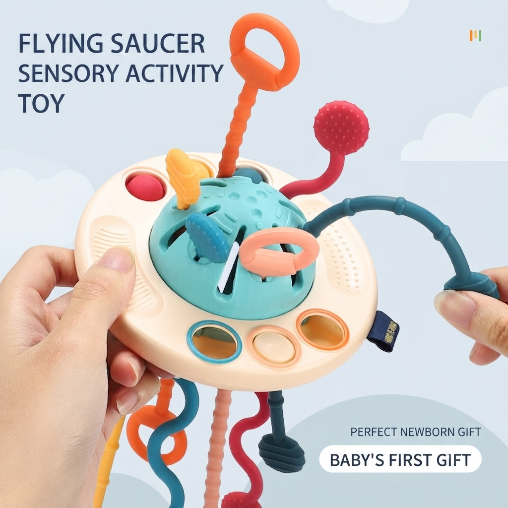 Flying Saucer Sensory Activity Toy | Montessori Pull String Toy for Babies | Silicone Sensory Teething & Fine Motor Learning Toy