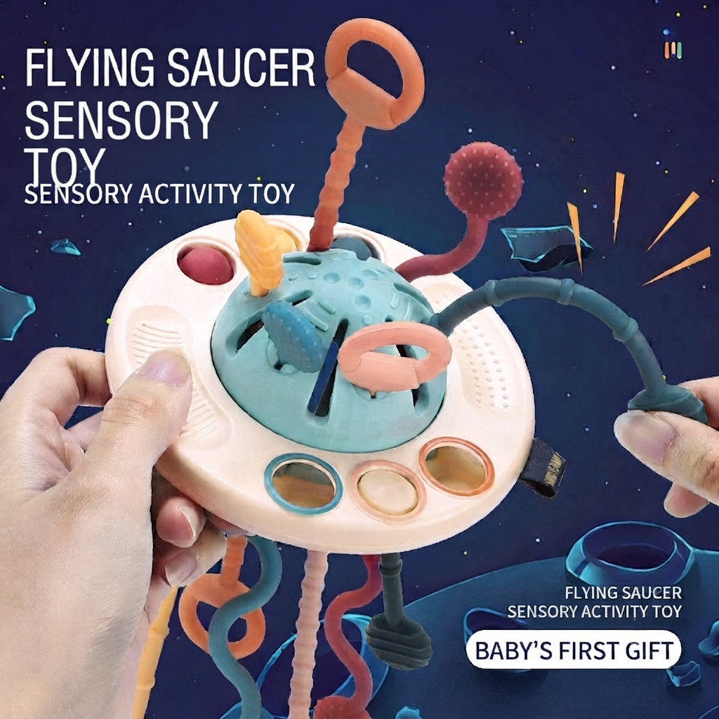 Flying Saucer Sensory Activity Toy | Montessori Pull String Toy for Babies | Silicone Sensory Teething & Fine Motor Learning Toy thumbnail
