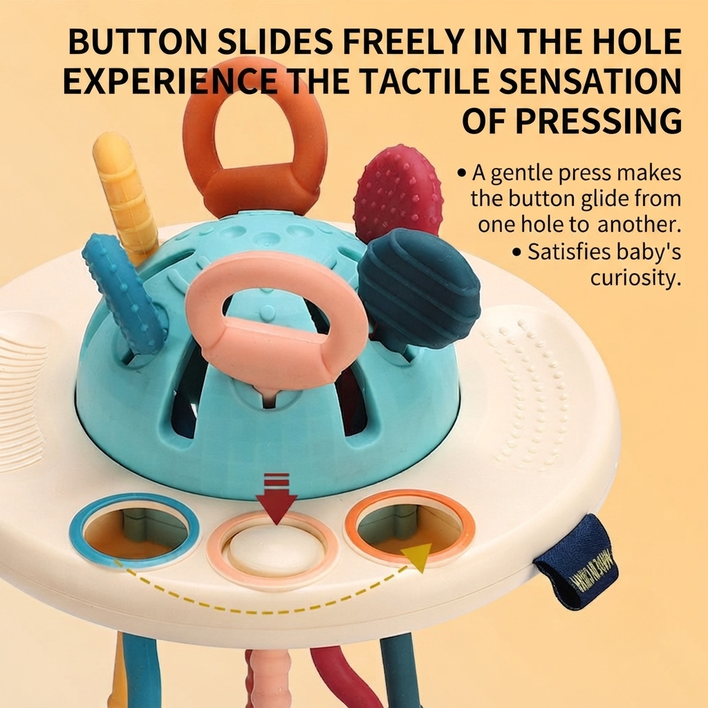 Flying Saucer Sensory Activity Toy | Montessori Pull String Toy for Babies | Silicone Sensory Teething & Fine Motor Learning Toy thumbnail